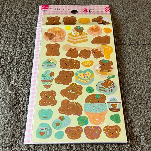Daiso Bear Holographic Sticker Sheet Japan Exclusive Kawaii Teddy Sweets Sparkly - Picture 1 of 8